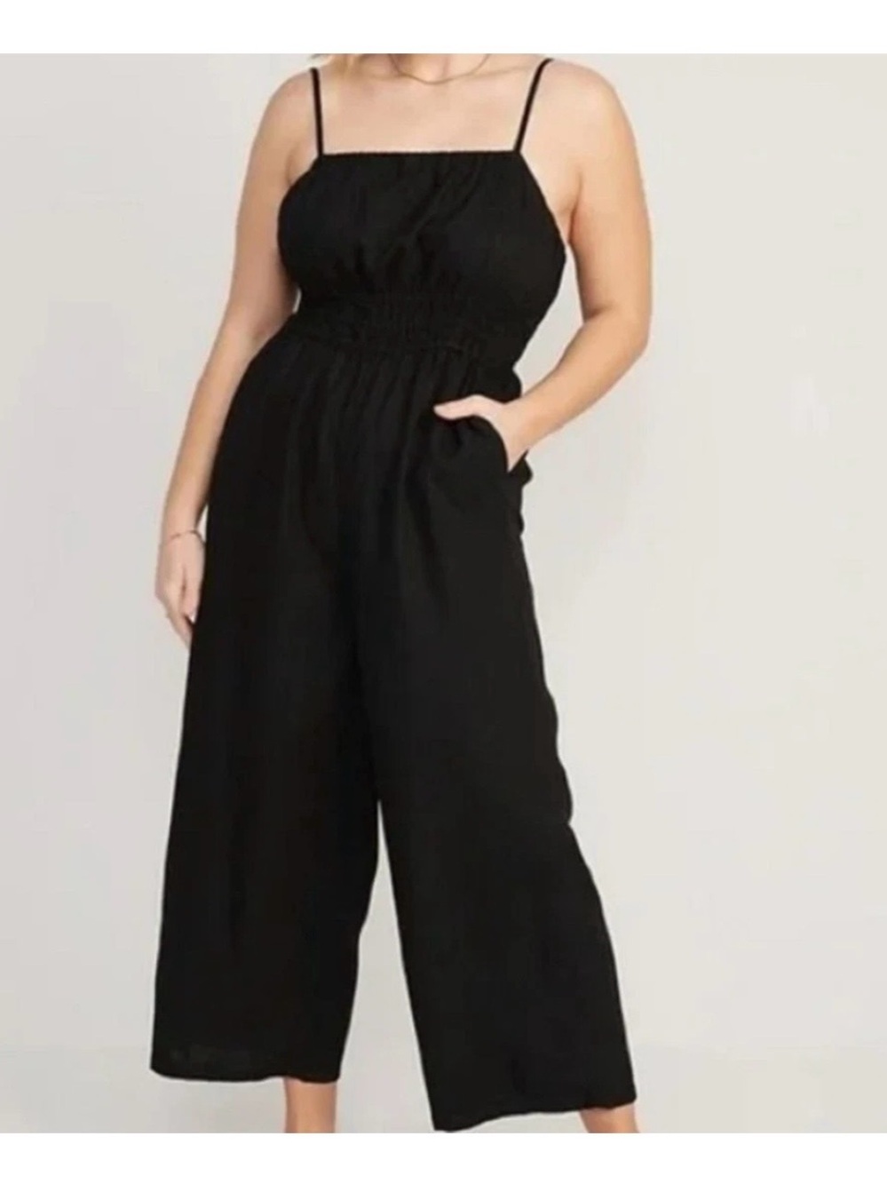 Old Navy Black Linen Blend Jumpsuit Cropped Wide Leg Elastic Waist Small New